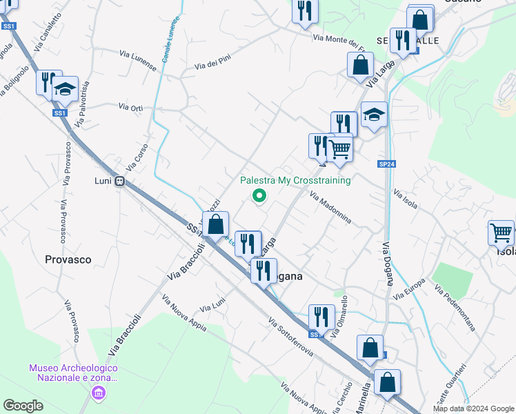 map of restaurants, bars, coffee shops, grocery stores, and more near 39 Via Larga in Casano
