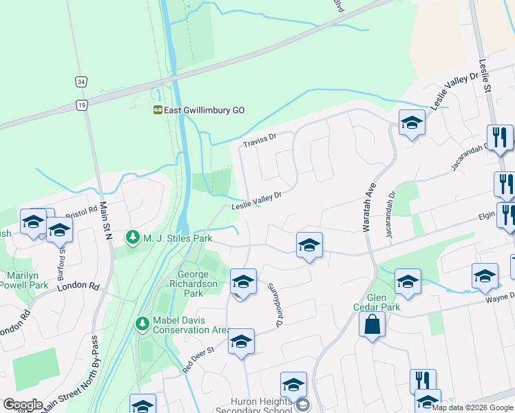 map of restaurants, bars, coffee shops, grocery stores, and more near 682 Leslie Valley Drive in Newmarket