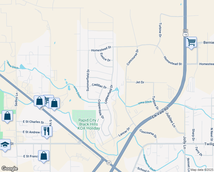 map of restaurants, bars, coffee shops, grocery stores, and more near 3112 Cadillac Drive in Rapid City