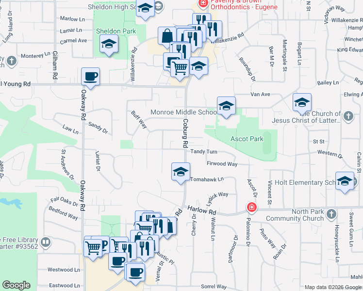 map of restaurants, bars, coffee shops, grocery stores, and more near 2680 Tandy Turn in Eugene