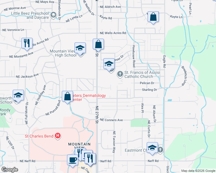 map of restaurants, bars, coffee shops, grocery stores, and more near 2318 Northeast Atherton Court in Bend