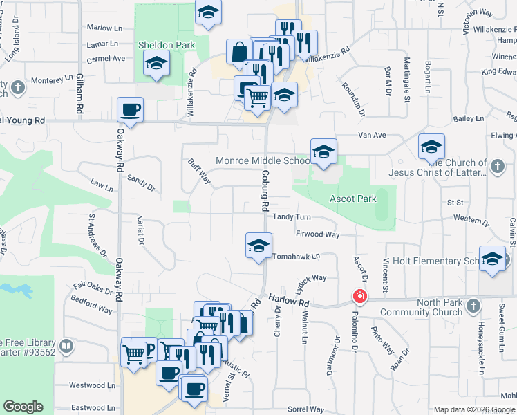 map of restaurants, bars, coffee shops, grocery stores, and more near 2680 Tandy Turn in Eugene