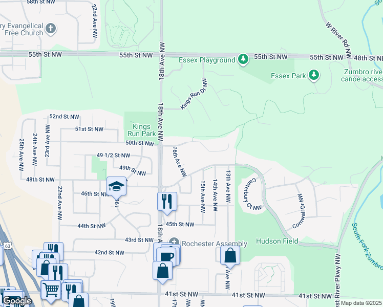 map of restaurants, bars, coffee shops, grocery stores, and more near 1509 48th Street Northwest in Rochester