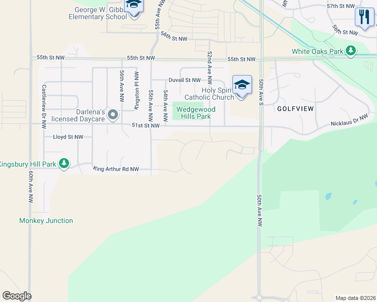 map of restaurants, bars, coffee shops, grocery stores, and more near 5480 King Arthur Ln NW in Rochester