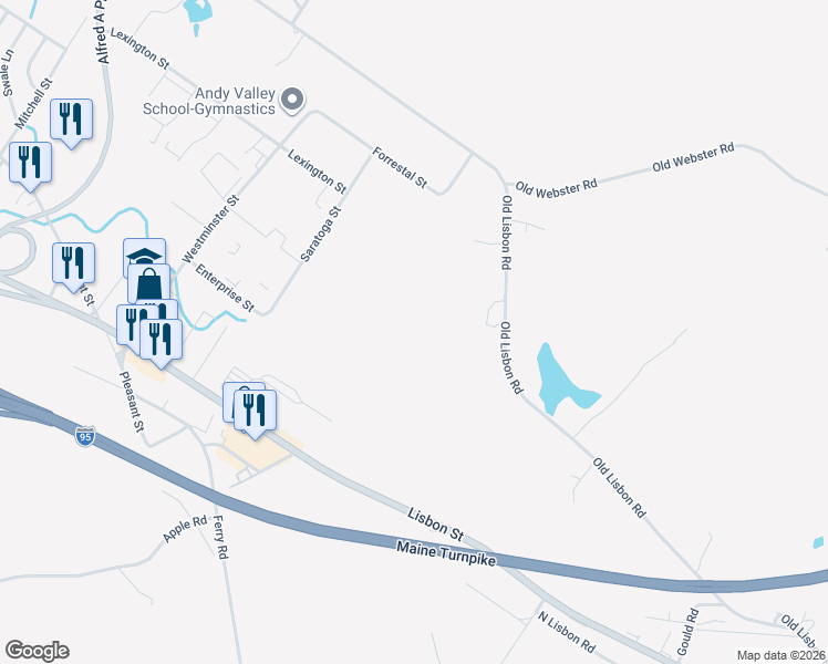map of restaurants, bars, coffee shops, grocery stores, and more near 55 Old Lisbon Road in Lewiston
