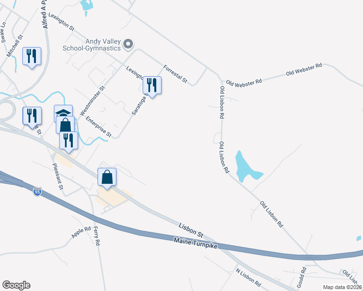 map of restaurants, bars, coffee shops, grocery stores, and more near 55 Old Lisbon Road in Lewiston