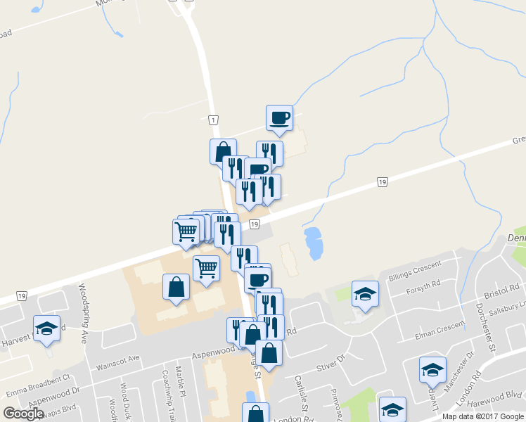map of restaurants, bars, coffee shops, grocery stores, and more near 18267 Yonge Street in East Gwillimbury