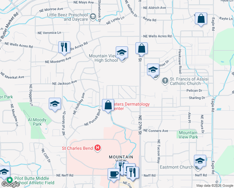 map of restaurants, bars, coffee shops, grocery stores, and more near 2447 Northeast Salvia Way in Bend