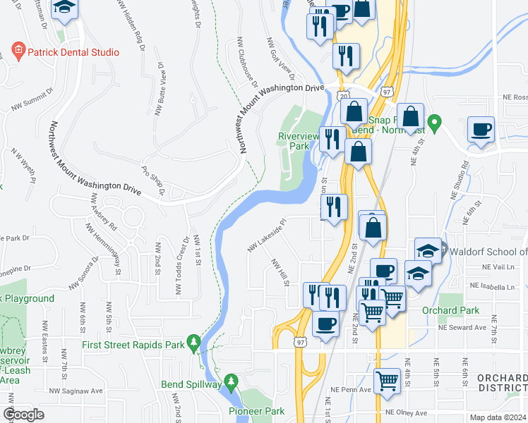 map of restaurants, bars, coffee shops, grocery stores, and more near 2287 Northwest Lakeside Place in Bend