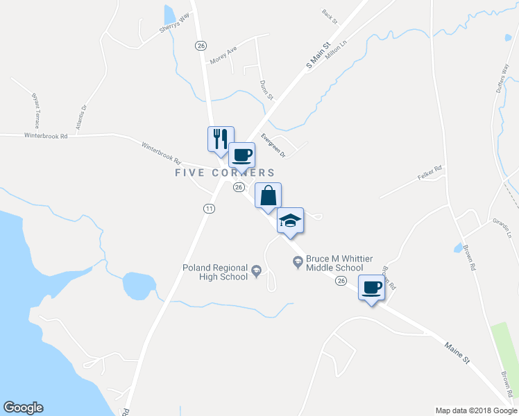 map of restaurants, bars, coffee shops, grocery stores, and more near 1457 Maine Street in Poland