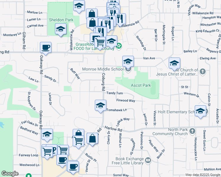 map of restaurants, bars, coffee shops, grocery stores, and more near 1073 Coburg Road in Eugene