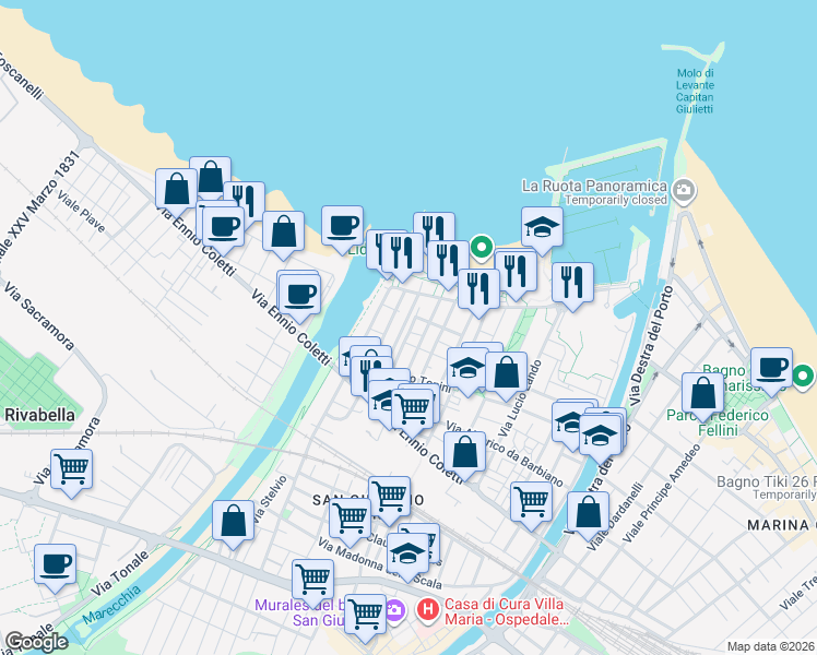map of restaurants, bars, coffee shops, grocery stores, and more near 1-5 Via C. Nicolini in Rimini