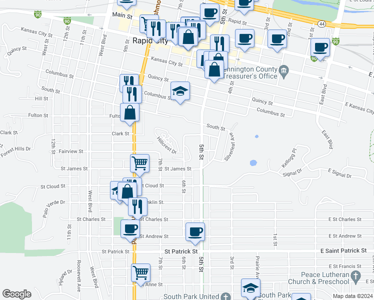 map of restaurants, bars, coffee shops, grocery stores, and more near 1211 6th Street in Rapid City