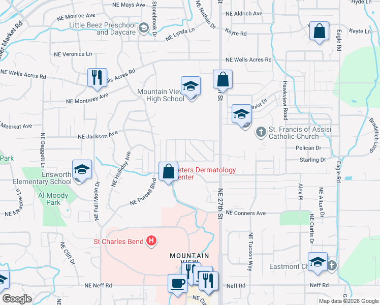 map of restaurants, bars, coffee shops, grocery stores, and more near 2549 Northeast Rosemary Drive in Bend