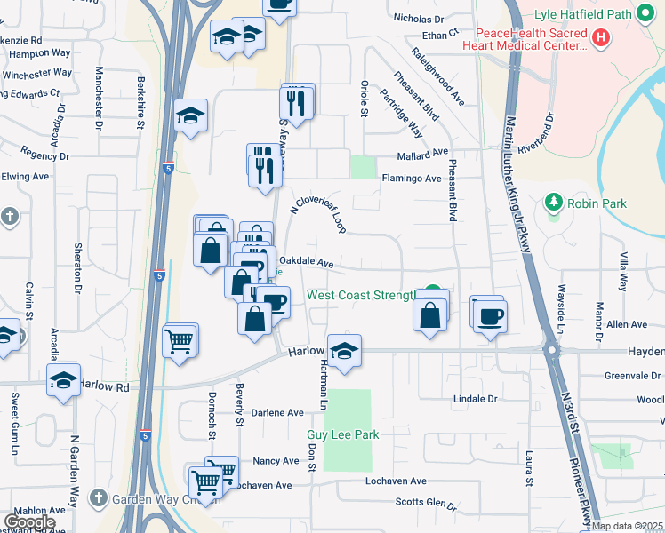 map of restaurants, bars, coffee shops, grocery stores, and more near 2846 El Toro Court in Springfield