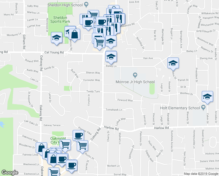 map of restaurants, bars, coffee shops, grocery stores, and more near 1073 Coburg Road in Eugene