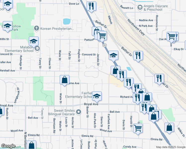 map of restaurants, bars, coffee shops, grocery stores, and more near 1220 Jacobs Drive in Eugene