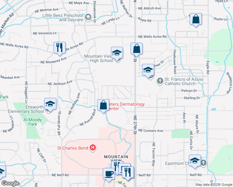 map of restaurants, bars, coffee shops, grocery stores, and more near 2549 Northeast Rosemary Drive in Bend