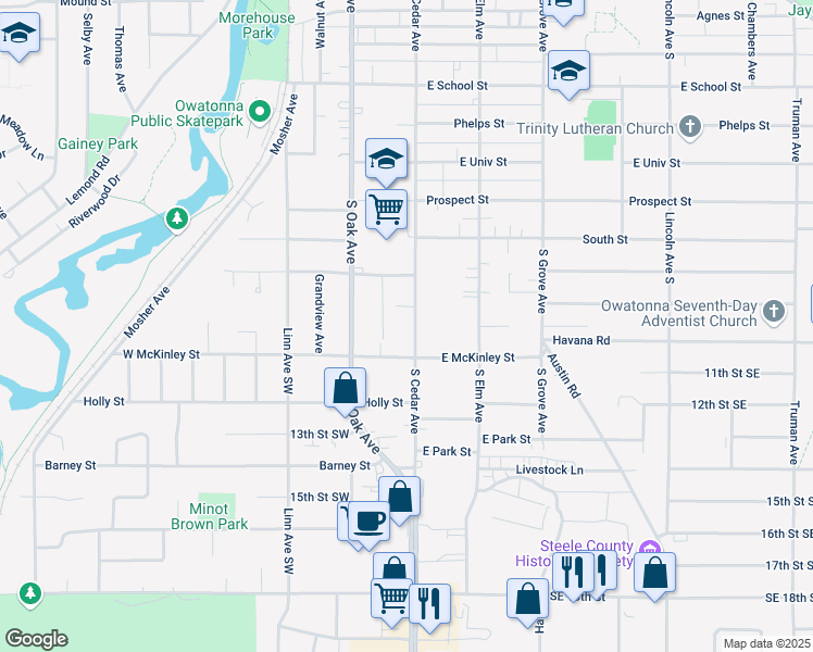 map of restaurants, bars, coffee shops, grocery stores, and more near 1028 South Cedar Avenue in Owatonna