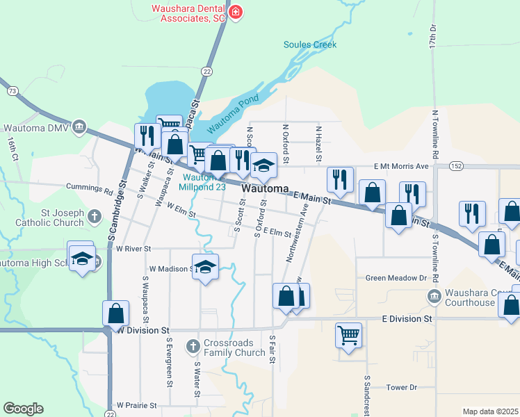 map of restaurants, bars, coffee shops, grocery stores, and more near 112 West Park Street in Wautoma