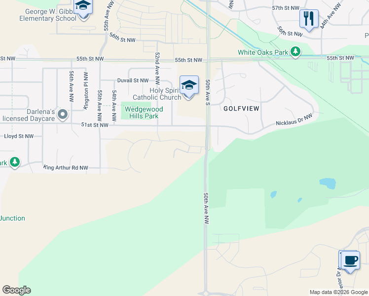 map of restaurants, bars, coffee shops, grocery stores, and more near 5102 51st Street Northwest in Rochester