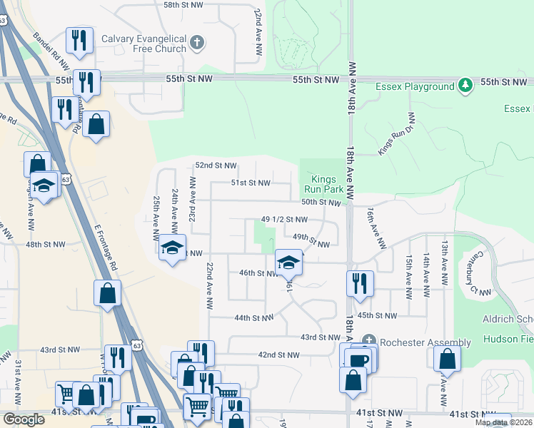 map of restaurants, bars, coffee shops, grocery stores, and more near 2025 50th Street Northwest in Rochester