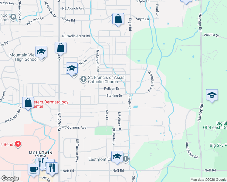 map of restaurants, bars, coffee shops, grocery stores, and more near 21363 Puffin Drive in Bend