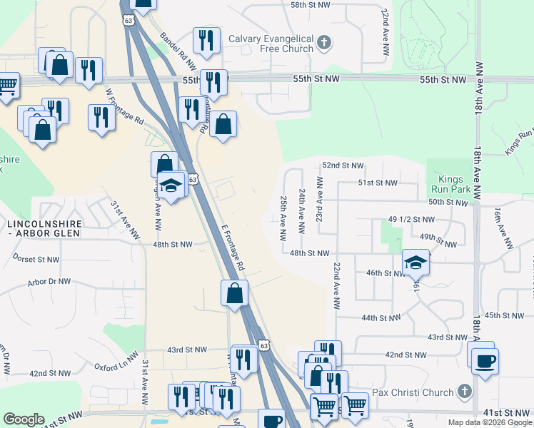 map of restaurants, bars, coffee shops, grocery stores, and more near 2828 Pennington Court Northwest in Rochester