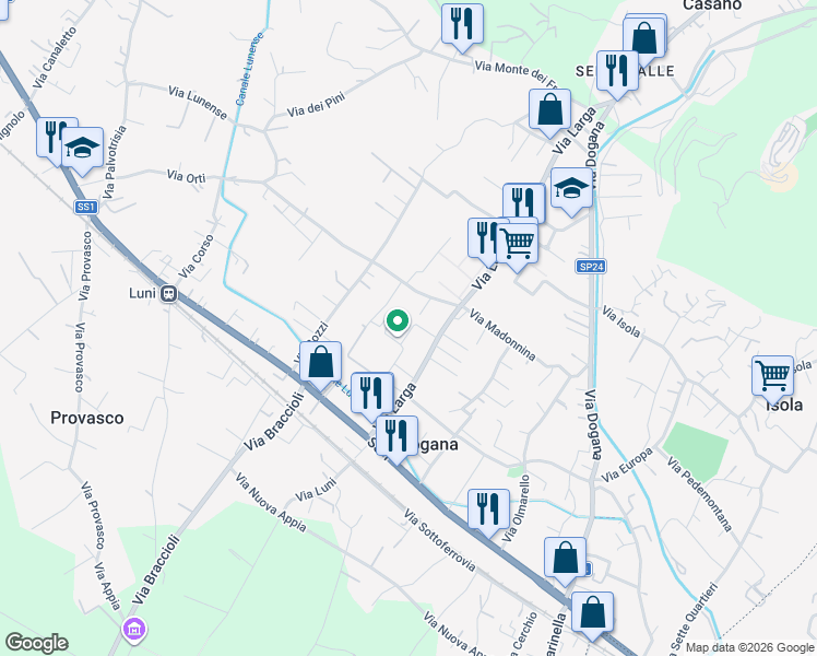 map of restaurants, bars, coffee shops, grocery stores, and more near 65 Via Madonnina in Casano