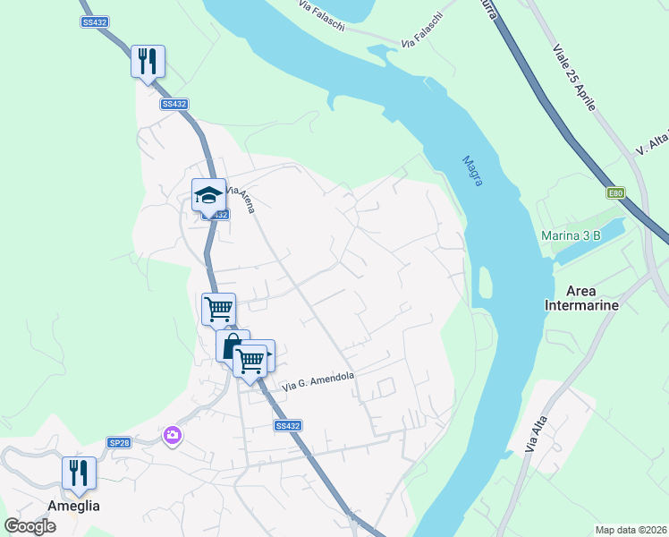map of restaurants, bars, coffee shops, grocery stores, and more near 23 Via Crociata in Ameglia