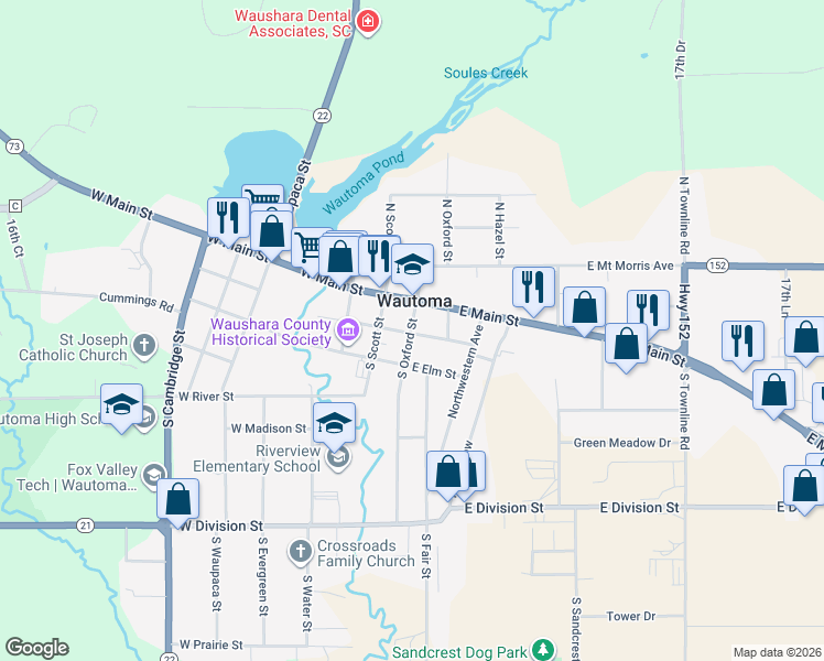 map of restaurants, bars, coffee shops, grocery stores, and more near in Wautoma