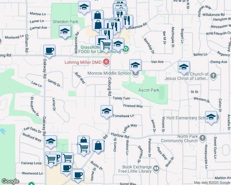 map of restaurants, bars, coffee shops, grocery stores, and more near 1023 Coburg Road in Eugene