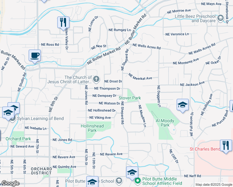 map of restaurants, bars, coffee shops, grocery stores, and more near 1340 Northeast Dempsey Drive in Bend
