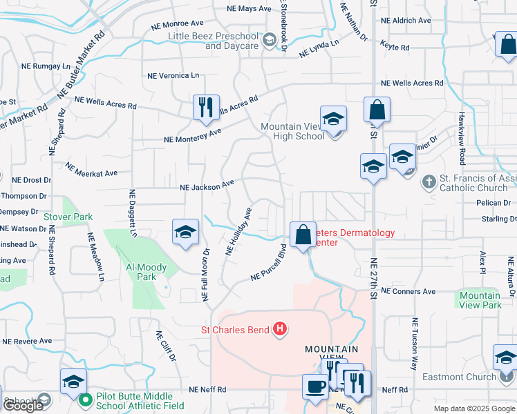 map of restaurants, bars, coffee shops, grocery stores, and more near 2339 Northeast Holliday Avenue in Bend