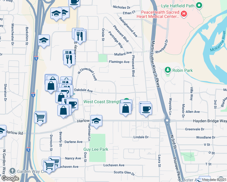 map of restaurants, bars, coffee shops, grocery stores, and more near 610 North Cloverleaf Loop in Springfield
