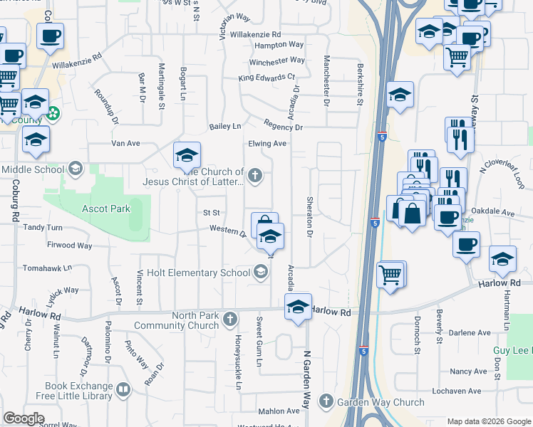 map of restaurants, bars, coffee shops, grocery stores, and more near 1109 Calvin Street in Eugene