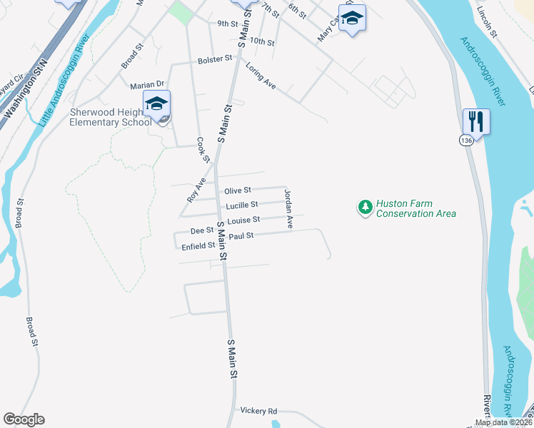 map of restaurants, bars, coffee shops, grocery stores, and more near 45 Lucille Street in Auburn