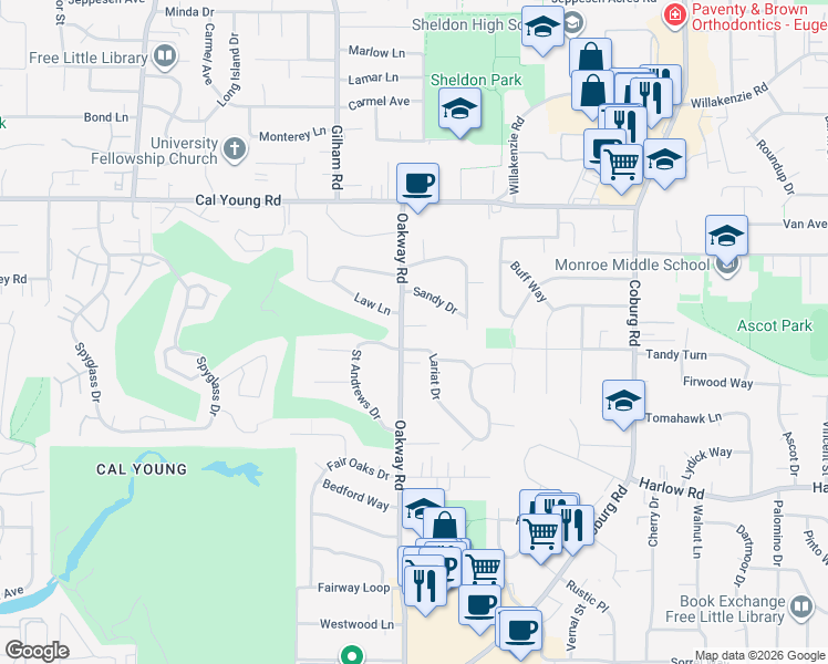 map of restaurants, bars, coffee shops, grocery stores, and more near 1097 Oakway Road in Eugene