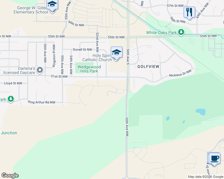 map of restaurants, bars, coffee shops, grocery stores, and more near 5102 51st Street Northwest in Rochester