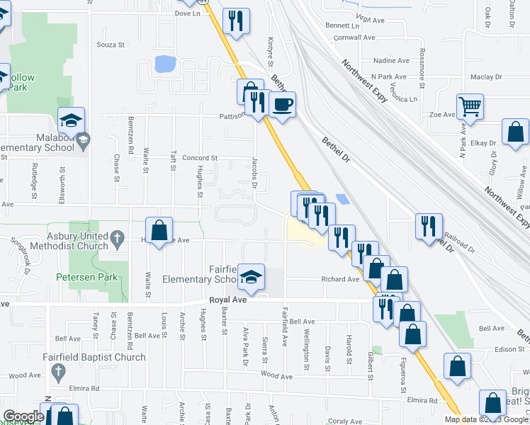 map of restaurants, bars, coffee shops, grocery stores, and more near 1180 Jacobs Drive in Eugene