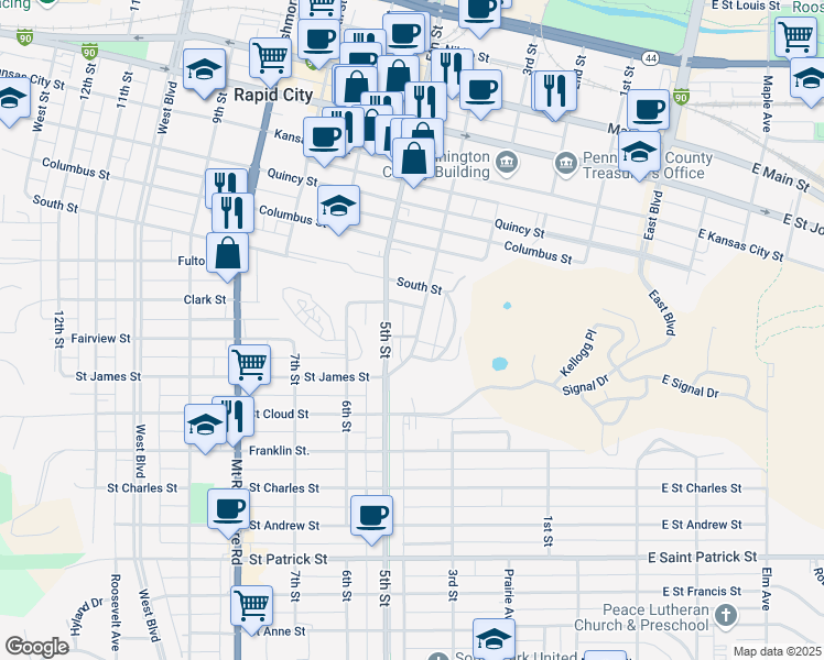 map of restaurants, bars, coffee shops, grocery stores, and more near 1217 4th Street in Rapid City