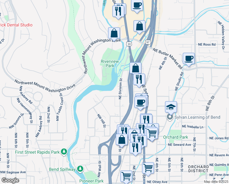 map of restaurants, bars, coffee shops, grocery stores, and more near 2383 Northwest Lakeside Place in Bend