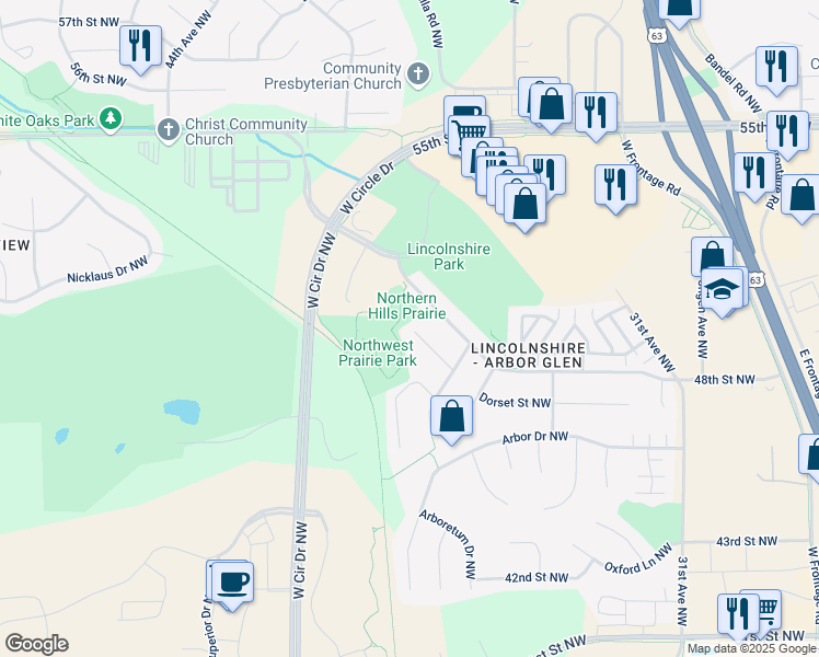 map of restaurants, bars, coffee shops, grocery stores, and more near 3694 Nottingham Drive Northwest in Rochester