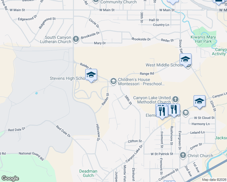 map of restaurants, bars, coffee shops, grocery stores, and more near 4041 Range Road in Rapid City