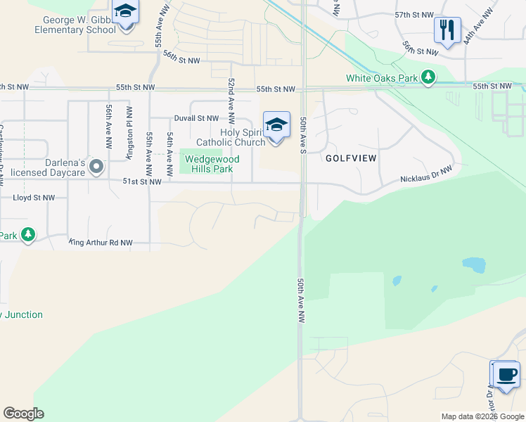 map of restaurants, bars, coffee shops, grocery stores, and more near 5102 51st Street Northwest in Rochester