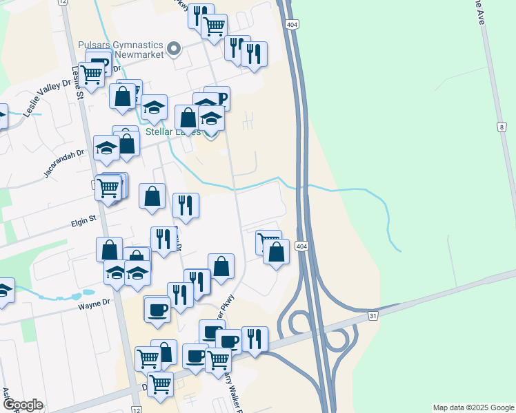 map of restaurants, bars, coffee shops, grocery stores, and more near 195 Harry Walker Parkway in Newmarket