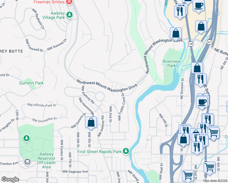 map of restaurants, bars, coffee shops, grocery stores, and more near 2498 Northwest Upper Rim Place in Bend