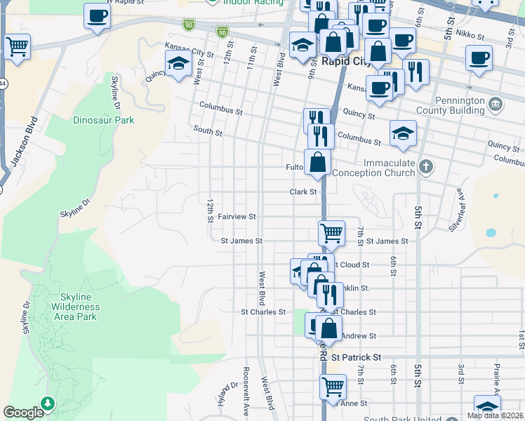 map of restaurants, bars, coffee shops, grocery stores, and more near West Boulevard in Rapid City