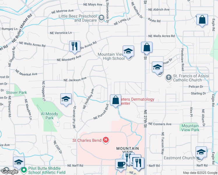 map of restaurants, bars, coffee shops, grocery stores, and more near 2588 Northeast Purcell Boulevard in Bend