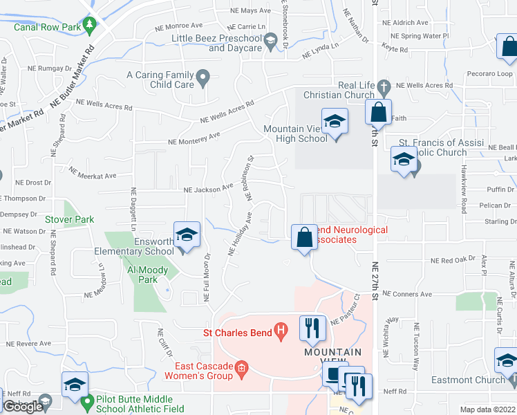 map of restaurants, bars, coffee shops, grocery stores, and more near 2339 Northeast Holliday Avenue in Bend